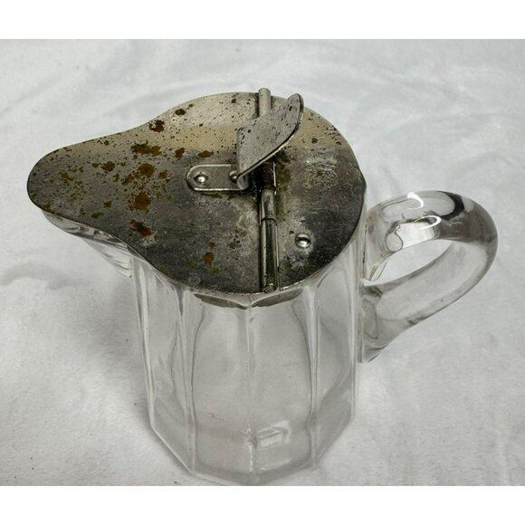 Vintage Glass Syrup Pitcher or Creamer With Metal Hinged Lid & Handle - Picture 2 of 8